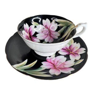 Vintage Lenwile Ardalt Tea Cup & Saucer Black Pink Occupied Japan Hand Painted